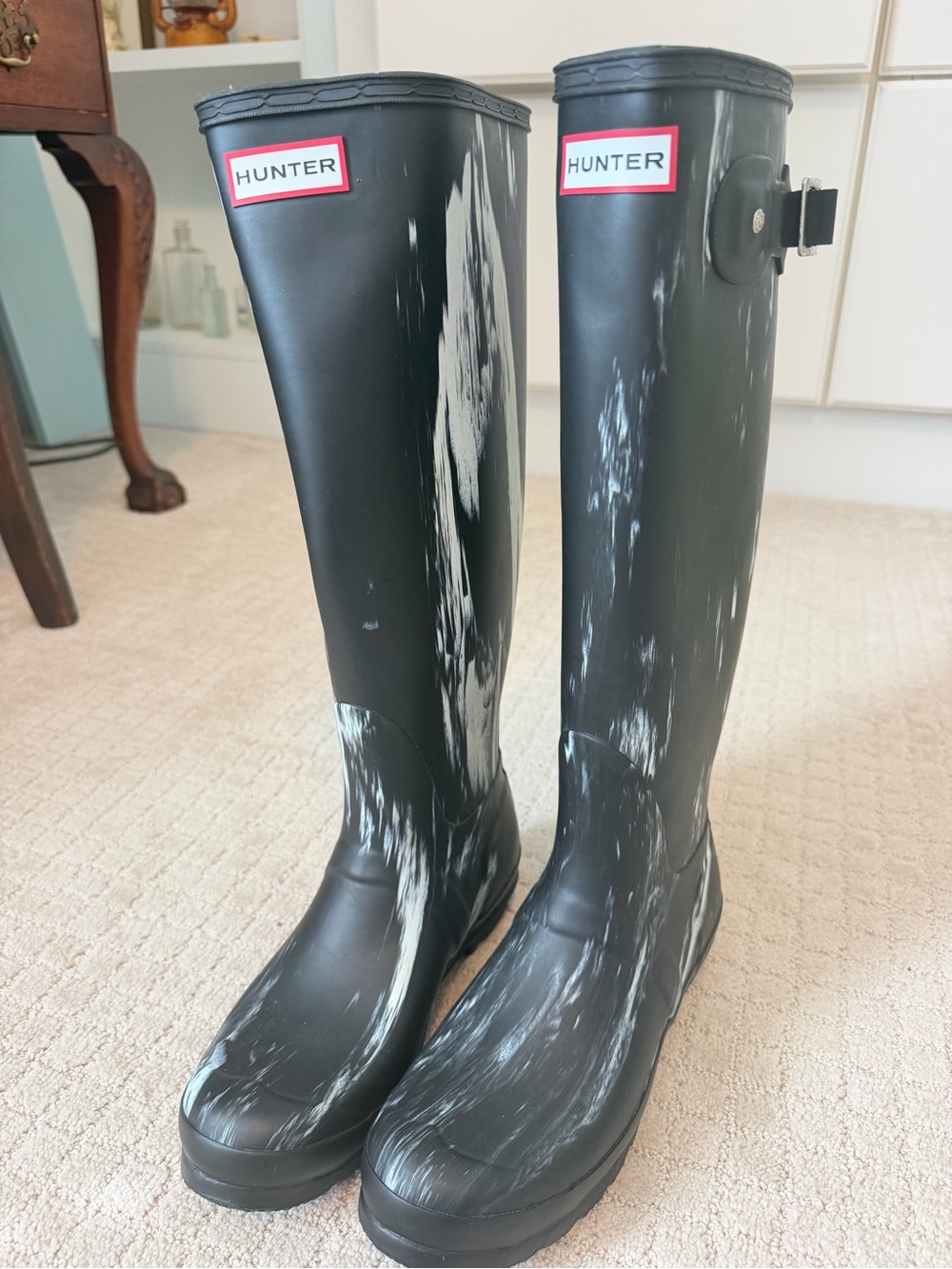 Hunter Black Rain Boots with White Marbled Pattern limited edition